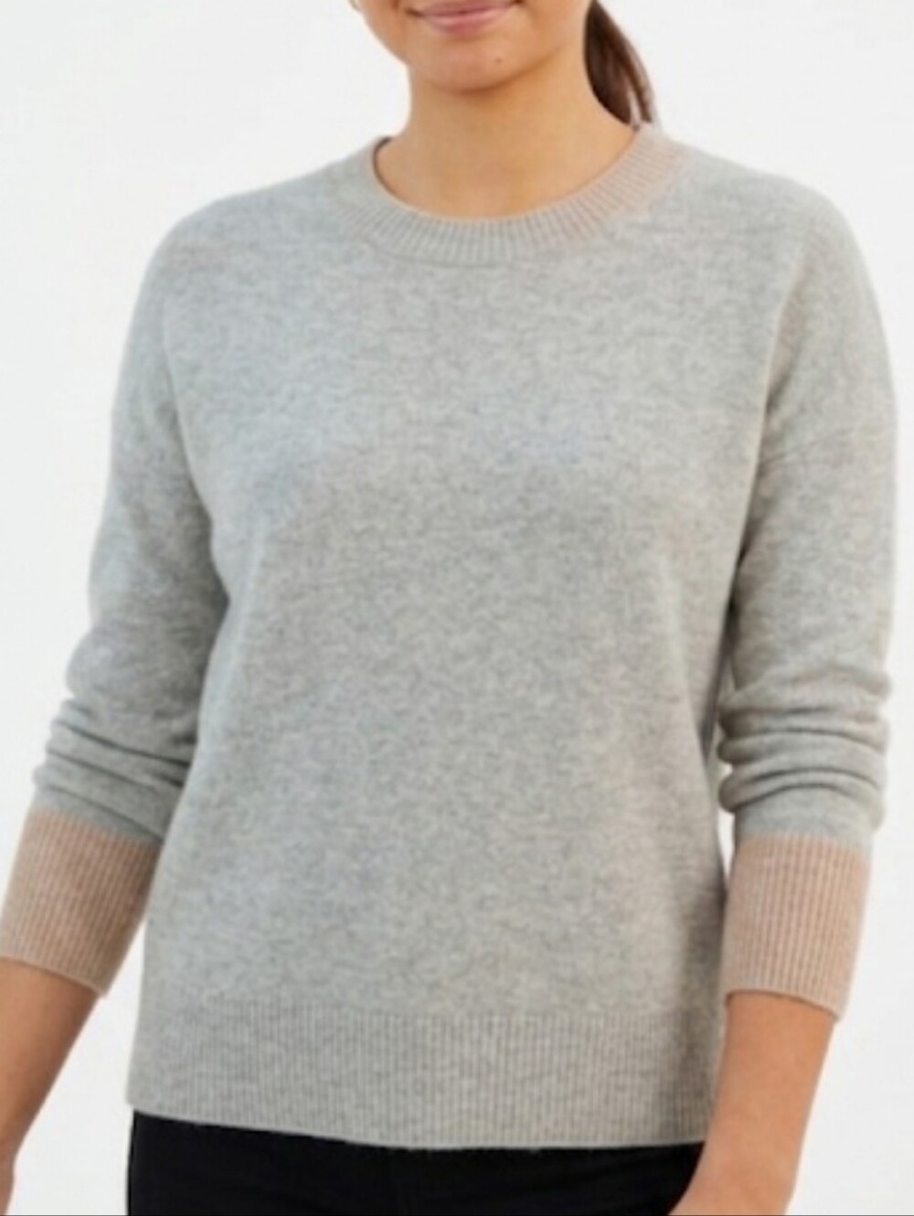 summersalt Heather Gray Crewneck Sweater with Beige Contrast Wool/ Cashmere